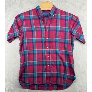 VTG USA Pendleton‎ Pen West Pink Blue Plaid Short Sleeve Button Shirt Men's L